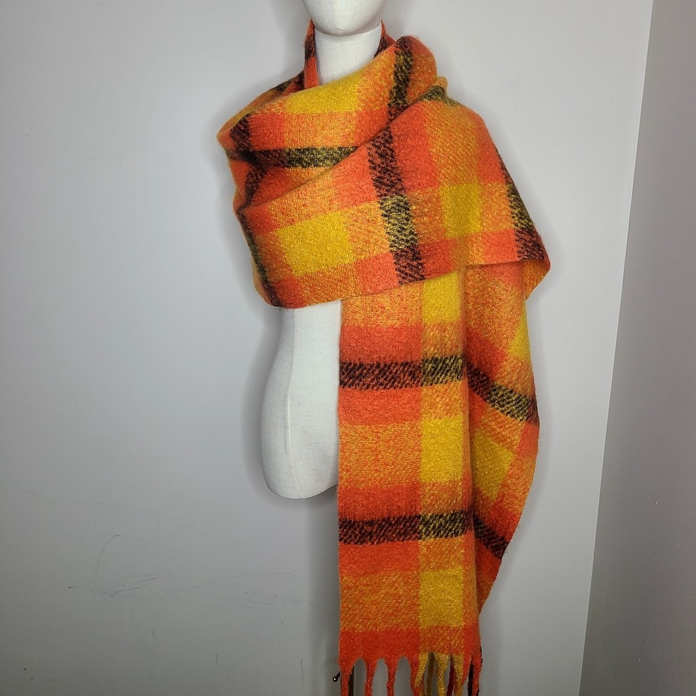 100% Cashmere Orange‎ Plaid Shawl Scarf Wrap Stole Pashmina with Fringe